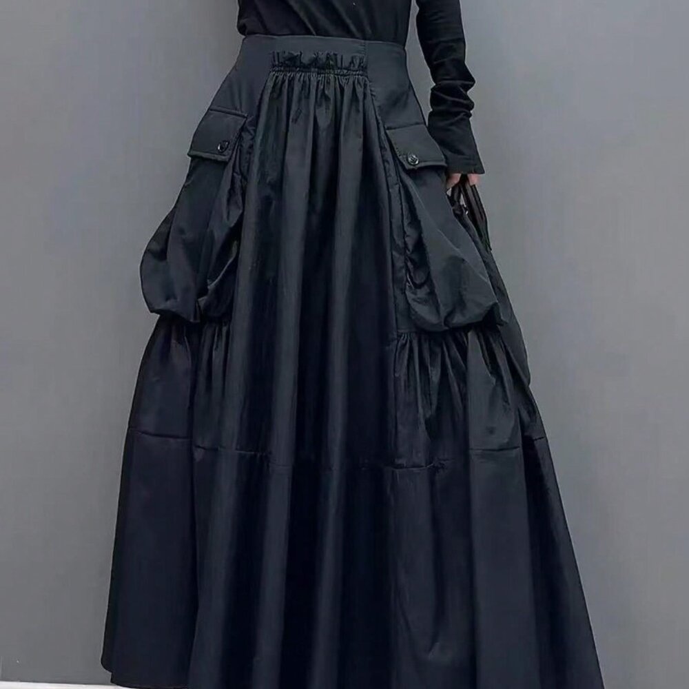 Black Elegant Women's High Waist Flared Long Skirt With Large Pockets - Picture 3 of 5